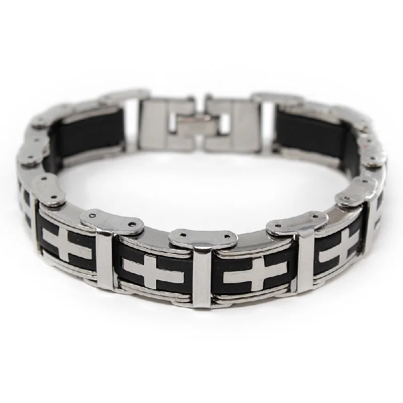 women custom bracelets -Men's Stainless Steel Cross in Rubber Wide Link Bracelet