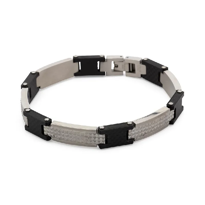 women bangle stack bracelets -Stainless Steel Black Ion Plated and Steel Solid Carbon Fiber Link Bracelet