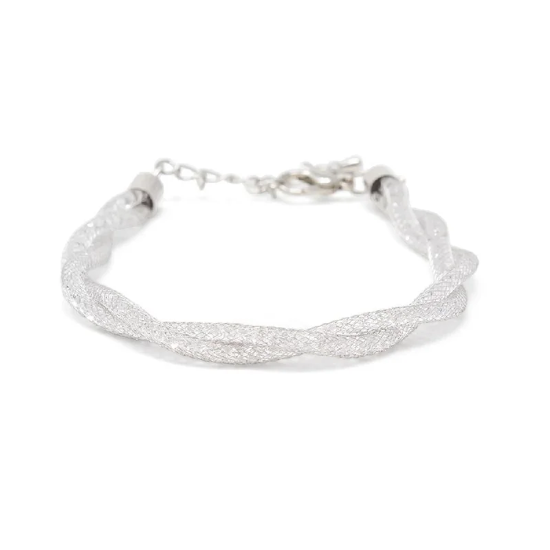 women double chain bracelets -Silver Tone Twisted Bracelet Mesh with Crystals