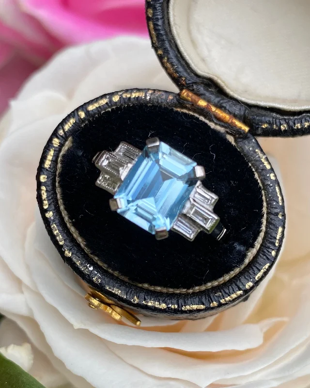 women antique engagement rings -Art Deco Aquamarine and Diamond Platinum Ring 0.25ct + 2.40ct