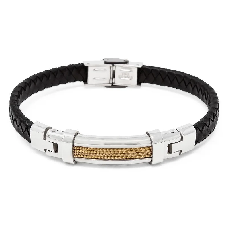 women antique bracelets -Black Leather Gold Stainless Steel Cable Station Bracelet