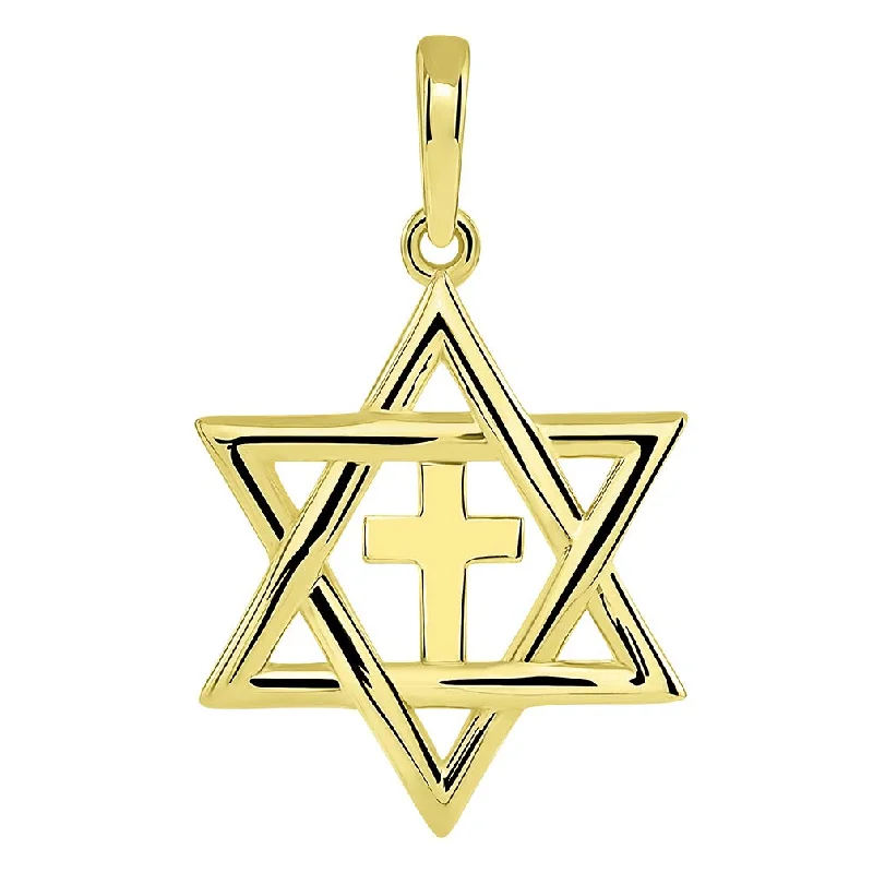 women gemstone pendant necklaces -14k Yellow Gold Jewish Star of David with Religious Cross Judeo Christian Pendant (Small)