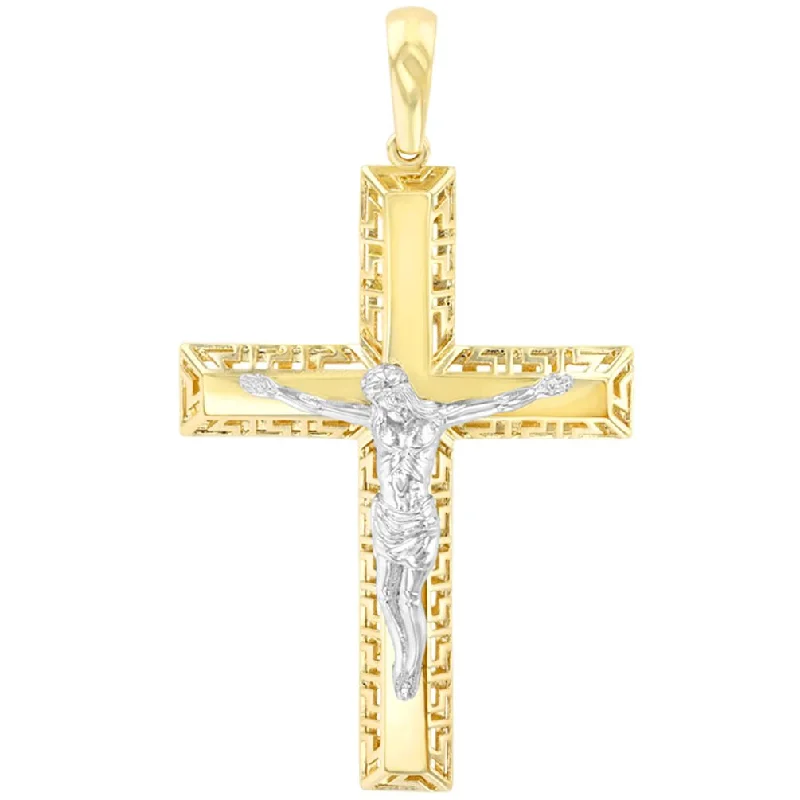 women rhinestone necklaces -14K Two-Tone Gold Large Cross Greek Key Pattern Crucifix Pendant