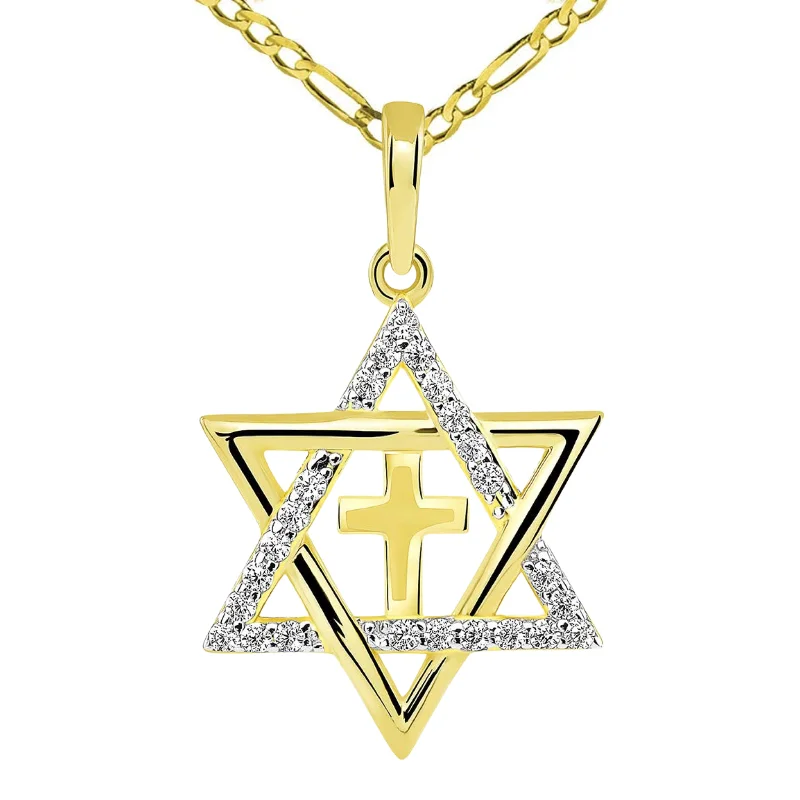 women heart-shaped pendant necklaces -14k Gold CZ Star of David with Religious Cross Judeo Christian Pendant Figaro Necklace - Yellow Gold