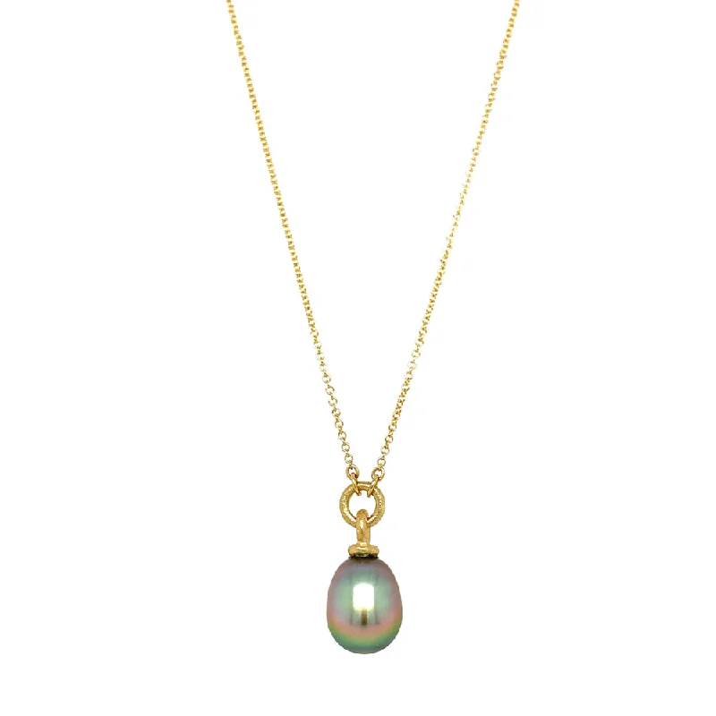 women chic necklaces -Pistachio Tahitian Pearl Yellow Gold Necklace - "Arcoíris"