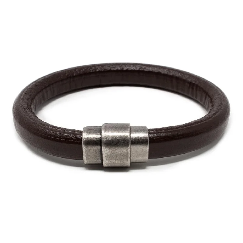 women art deco bracelets -Plain Leather Bracelet with Antique Silver Clasp Brown Medium