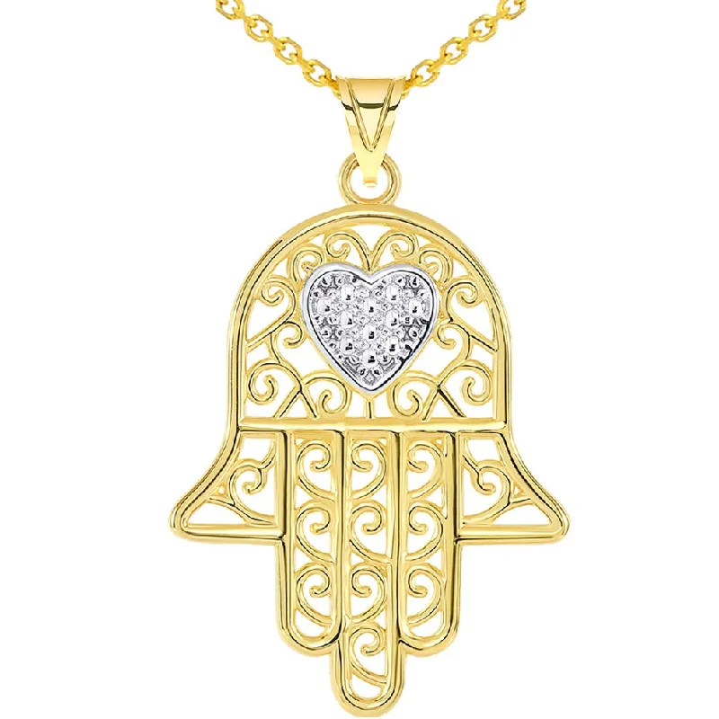 women choker necklaces -Solid 14k Yellow Gold Filigree-Style Hamsa Hand with Heart Pendant Rolo Cable Chain Necklace