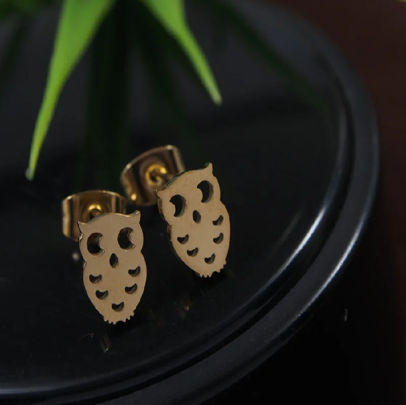 women gold-plated earrings -Tarohi Jewels Stainless Steel Gold Plated Owl Stud Earring- STNER 3858