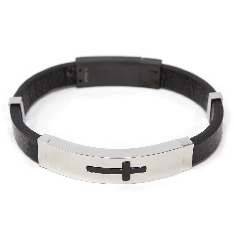 women men’s bracelets -Stainless Steel Leather Bracelet Cross Station