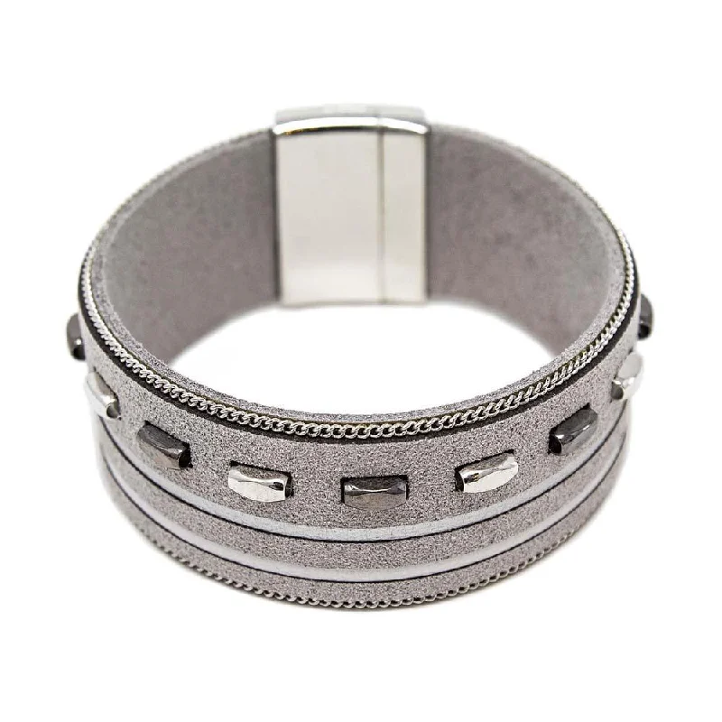 women minimalist bangles -Leather Bracelet With Metal Bars Inlay Grey