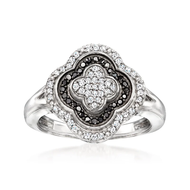 unique princess cut engagement rings -Ross-Simons Black and White Diamond Clover Ring in Sterling Silver.