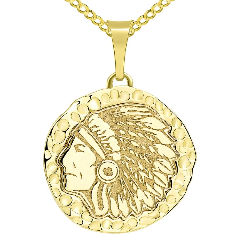 women wedding jewelry necklaces -14k Gold Hand Engraved Native American Chief Indian Head Round Pendant with Cuban Chain Necklace - Yellow Gold