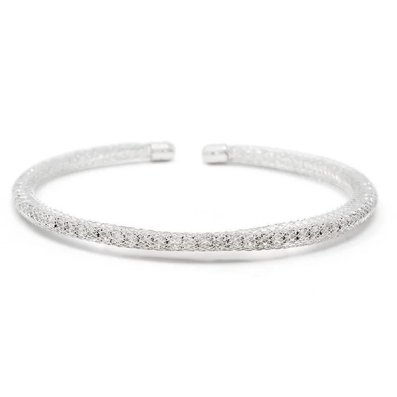 women engraved bracelets -Mesh Clear Crystal Bracelet Bangle Rhodium Plated