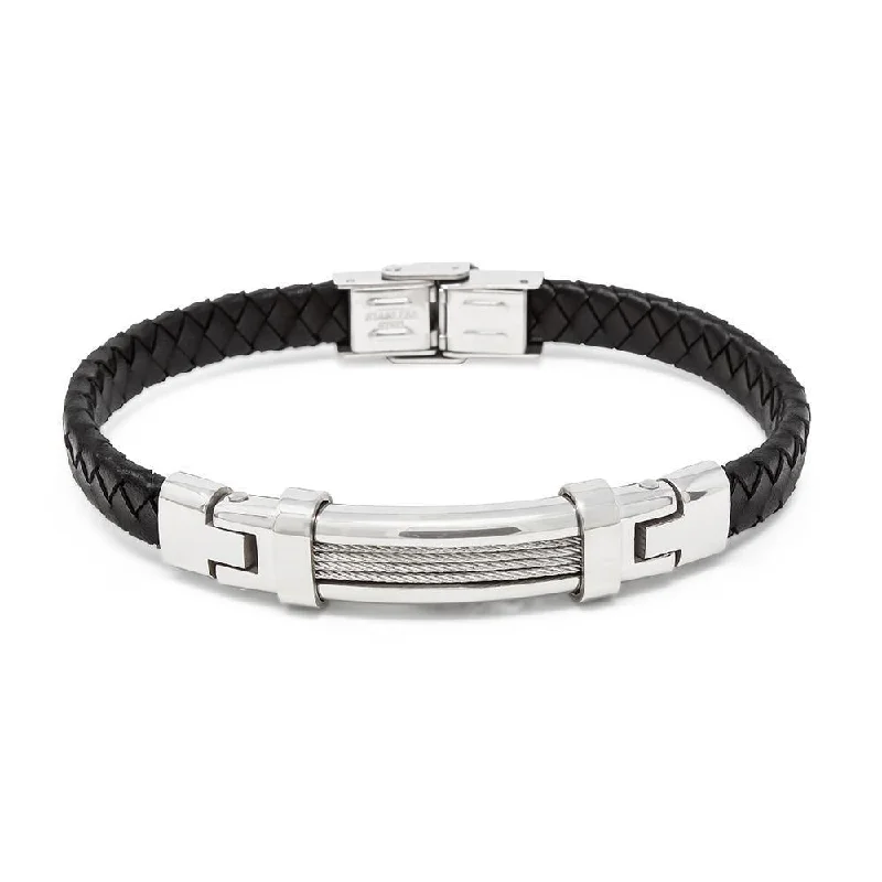 women minimalist bracelets -Black Leather Stainless Steel Cable Station Bracelet