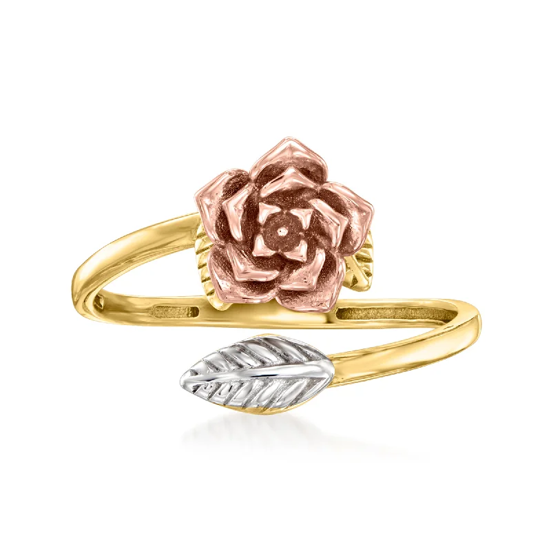 custom designed engagement rings -Ross-Simons 14kt Tri-Colored Gold Rose and Leaf Bypass Ring