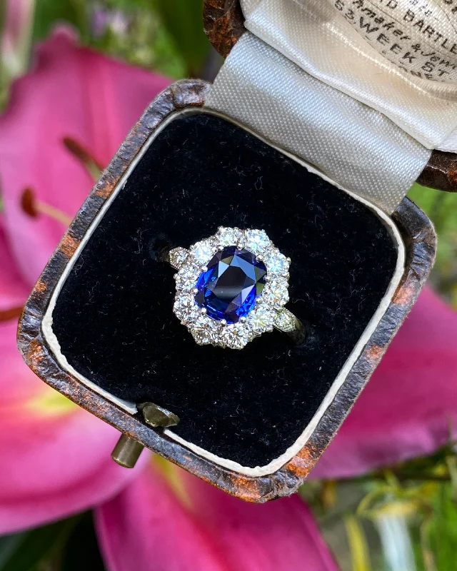 women cushion diamond rings -Victorian Sapphire and Diamond Cluster Ring 18ct Yellow Gold 1.0ct + 1.95ct