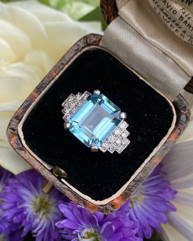 women eternity bands -Art Deco Aquamarine and Diamond Platinum Ring 0.35ct + 4.35ct