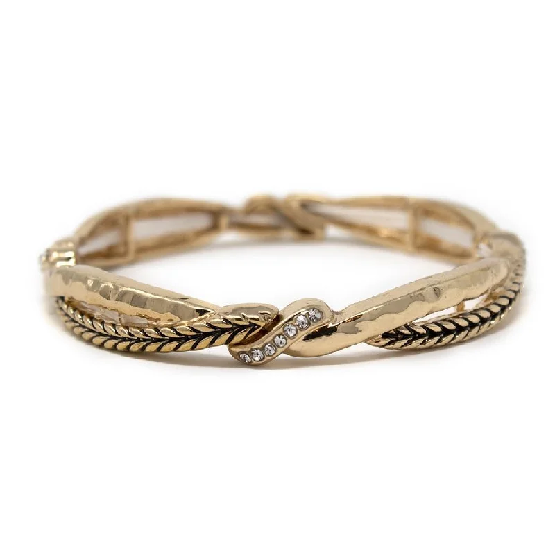 women adjustable bangles -Braided and Hammered Stretch Bracelet with CZ Gold Tone