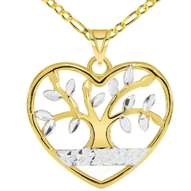 women natural stone necklaces -14k Gold Textured Heart Shaped Two Tone Tree of Life Pendant with Figaro Chain Necklace - Yellow Gold