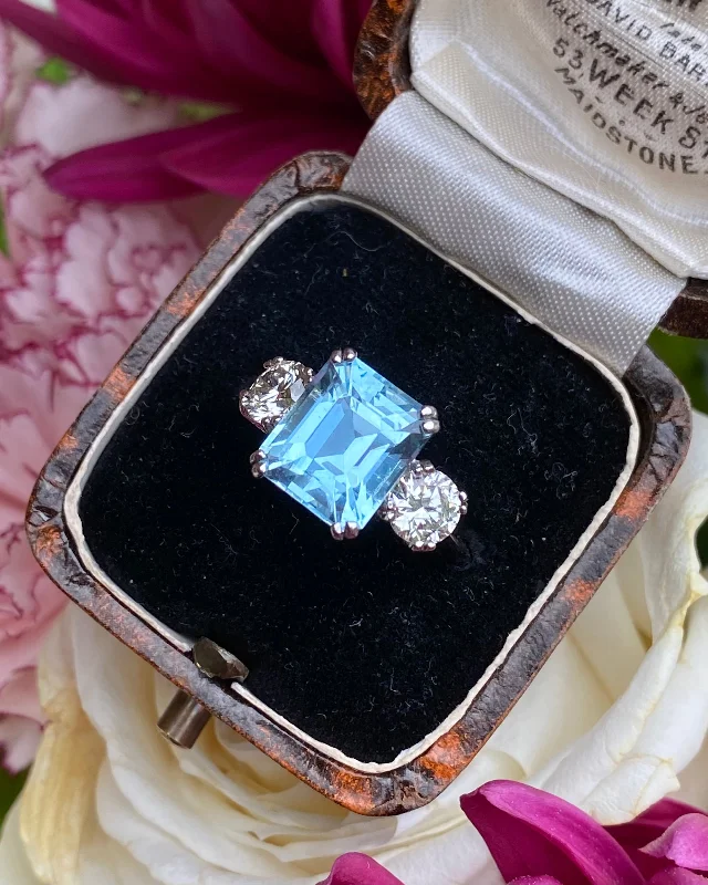 women birthstone engagement rings -Aquamarine and Diamond Three Stone Platinum Ring 1.02ct + 3.95ct