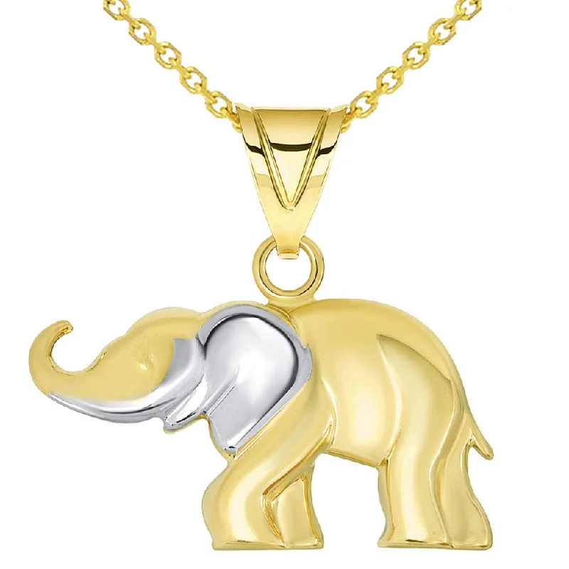 women personalized gold necklaces -14k Gold High Polished Two Tone Elephant Pendant Necklace with Cable, Curb, or Figaro Chain - Yellow Gold