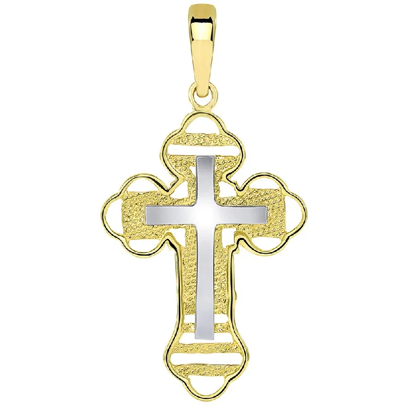 women artistic pendant necklaces -14k Two Tone Gold Outlined Orthodox Double Cross Pendant