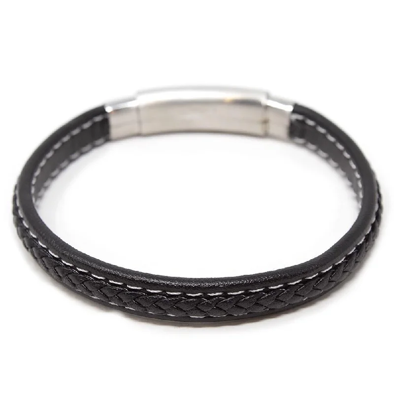 women classic bangles -Stainless Steel Small Braided Leather Bracelet Black