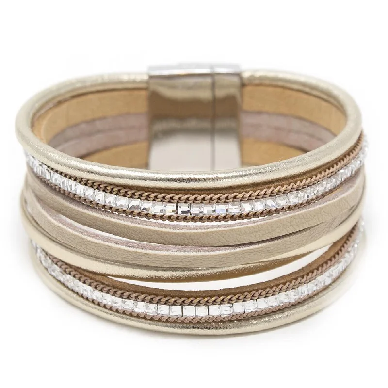 women smooth bangles -Eight Row Leather Bracelet with Crystal Gold Tone