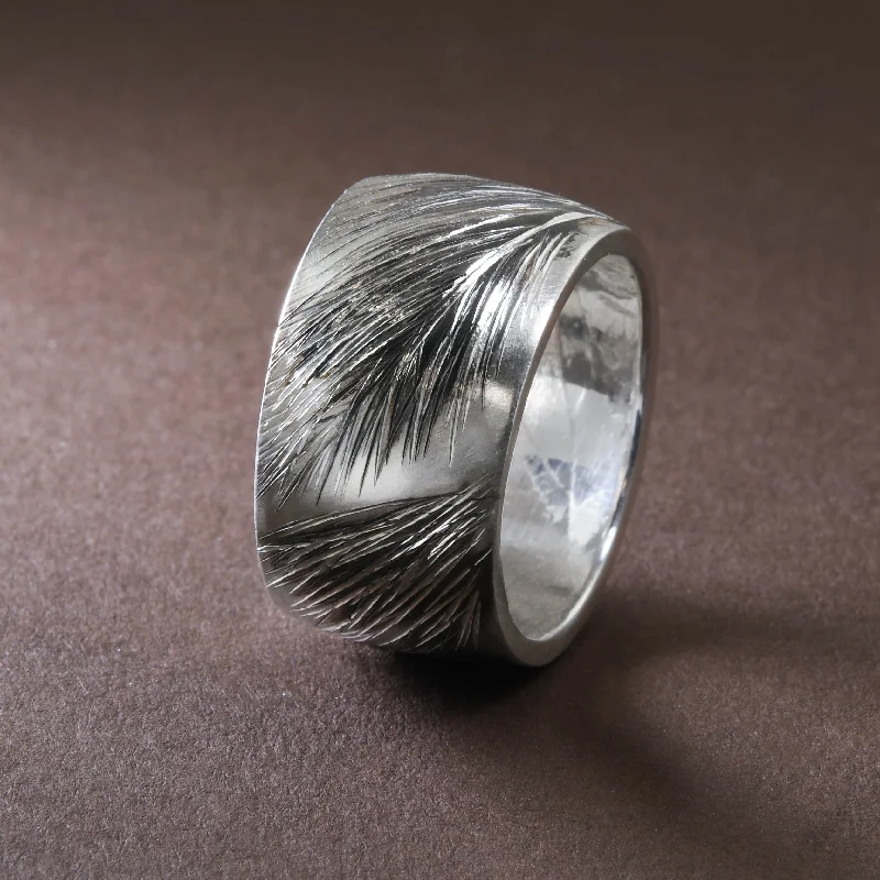 women engraved wedding rings -Handmade Feather Band