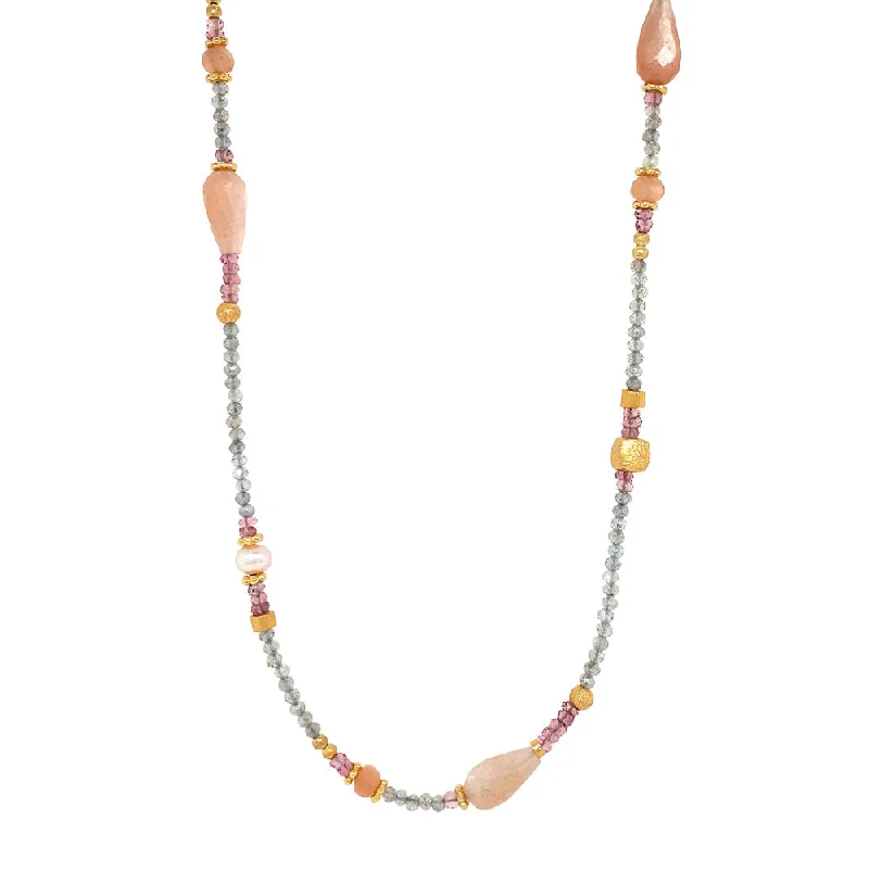 women art deco necklaces -Gold Vermeil Labradorite and Pink Tourmaline Beaded Necklace