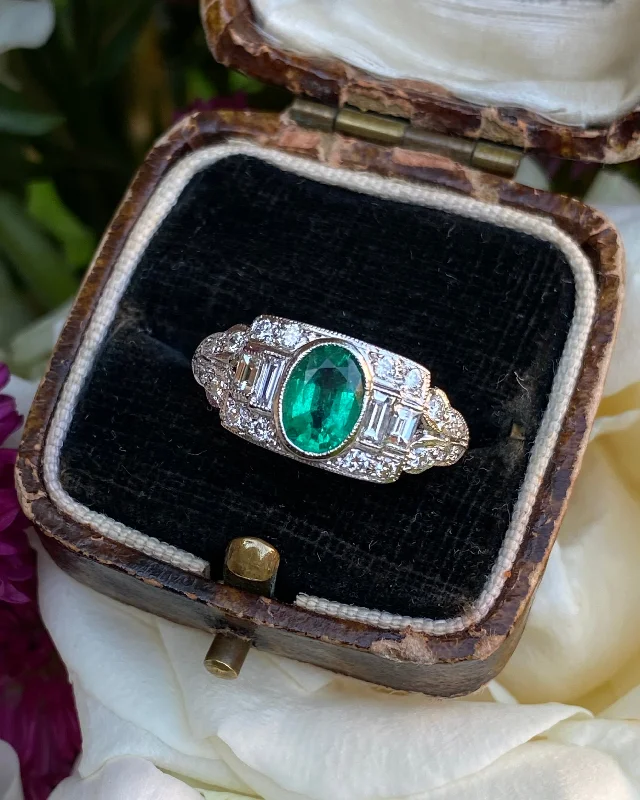 women vintage-style rings -Art Deco Emerald and Diamond Platinum Ring 0.50ct + 0.90ct