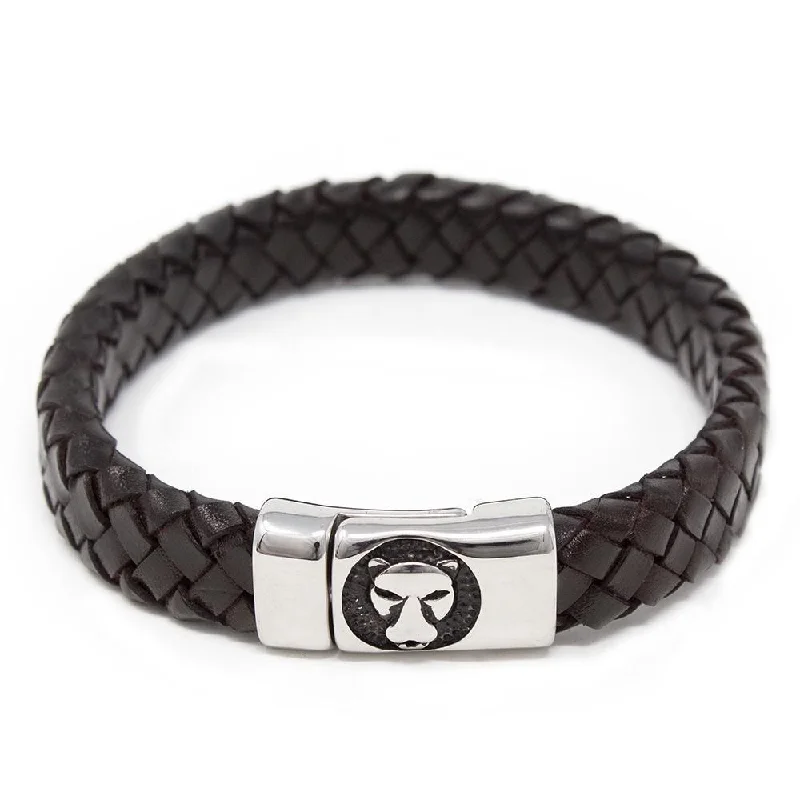 women fashion bangles -Braided Leather Bracelet with Lion Clasp Dark Brown Large