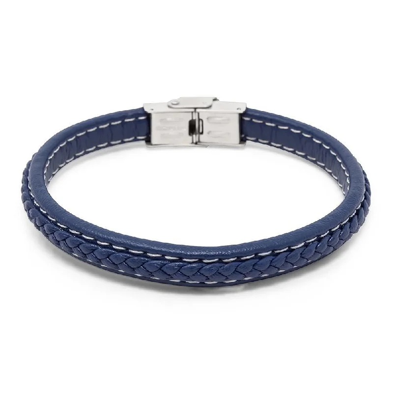 women custom bracelets -Stainless Steel Small Braided Leather Bracelet Blue