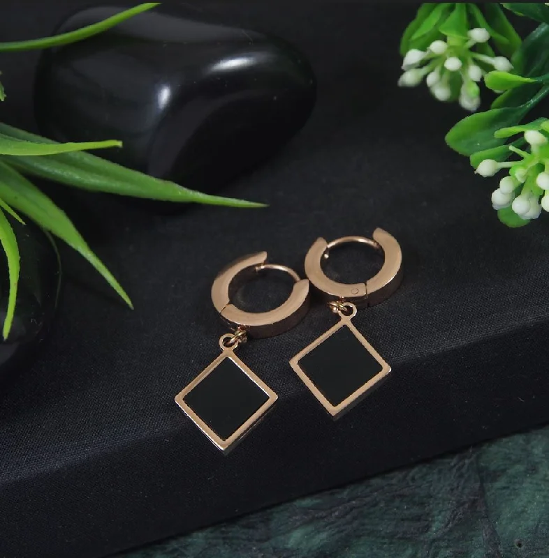 women silver hoop earrings -Tarohi JewelsStainless Steel Rosegold Plated Black Square Shaped Hoops Earring-STNER 2880