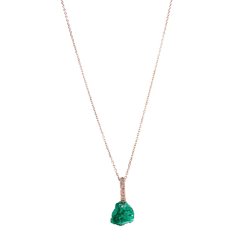 women custom engraved necklaces -Rough Emerald, Diamond, & Rose Gold Pendant - "Esmeralda"