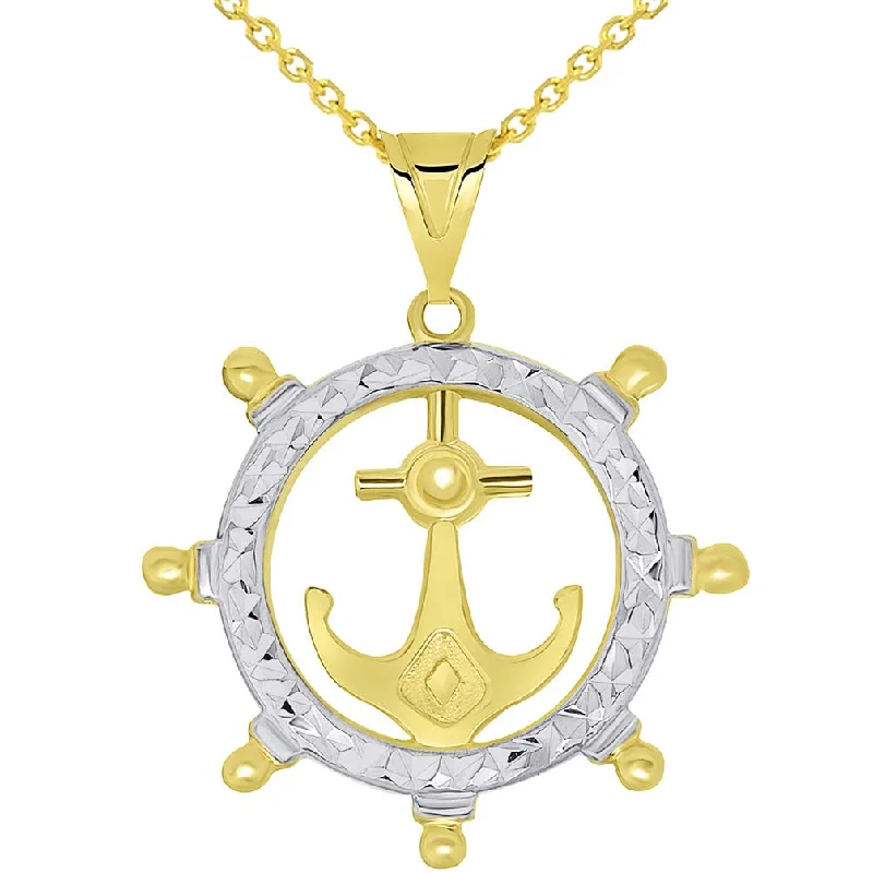 women personalized gold necklaces -14k Gold Textured Two Tone Anchor Inside Ships Wheel Pendant Necklace Available with Rolo, Curb, or Figaro Chain Necklaces - Yellow Gold