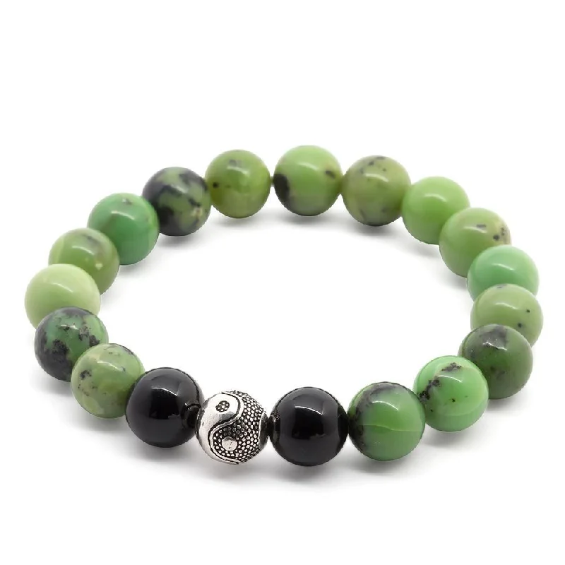 women stacking charm bracelets -Chrysoprase/Onyx Stretch Bracelet with 925 Sterling Silver Bead