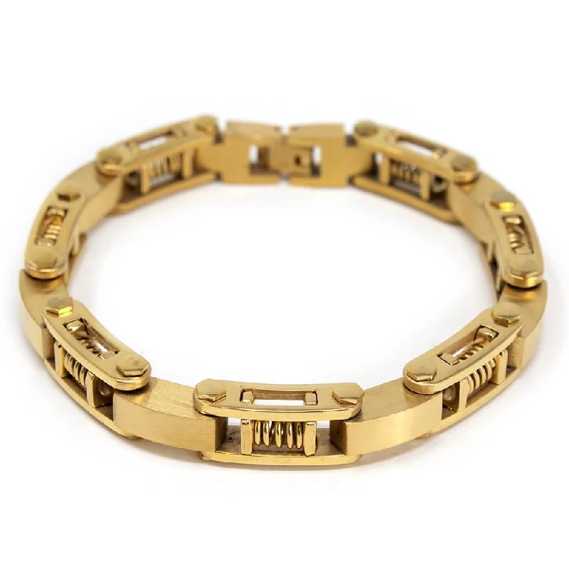 women art deco bracelets -Men's Stainless Steel Spring Link Bracelet Gold Plated