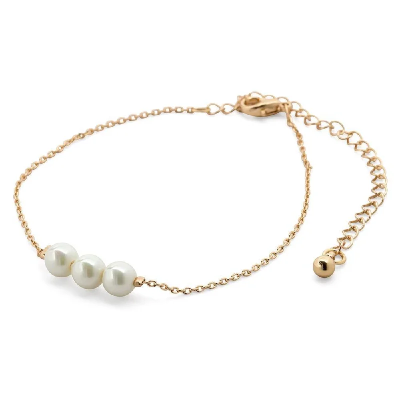 women beaded bracelets -Bracelet Three Pearl Station Gold Tone