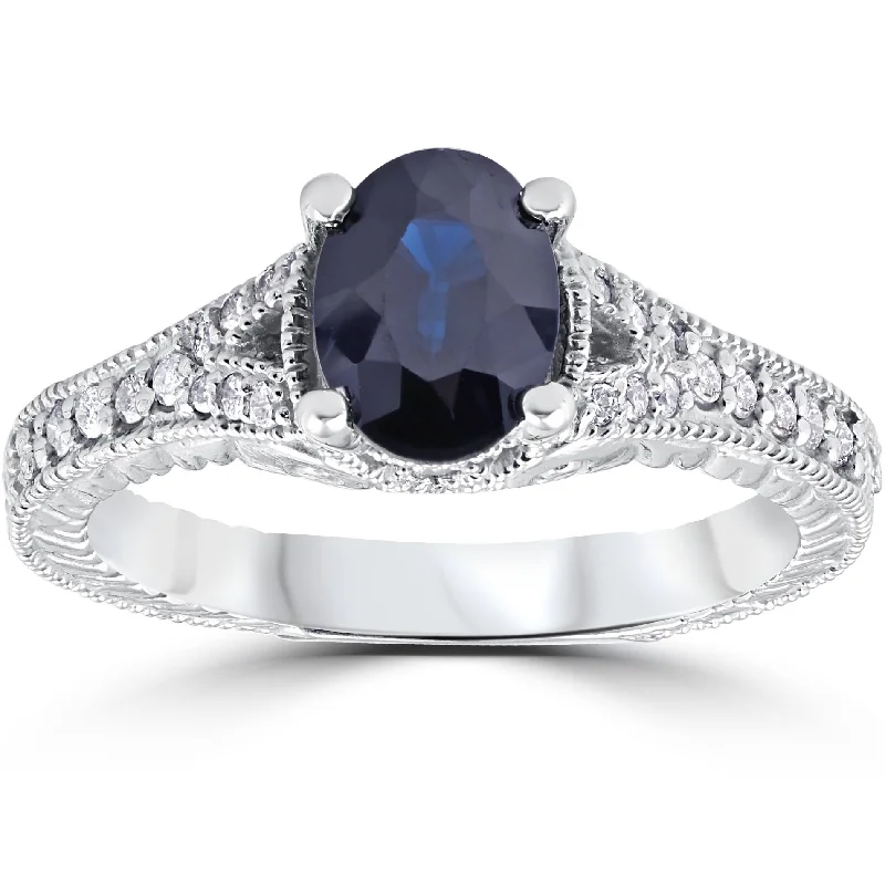 modern halo engagement rings -2ct Vintage Diamond Black Sapphire Engagement Ring 14K White Gold