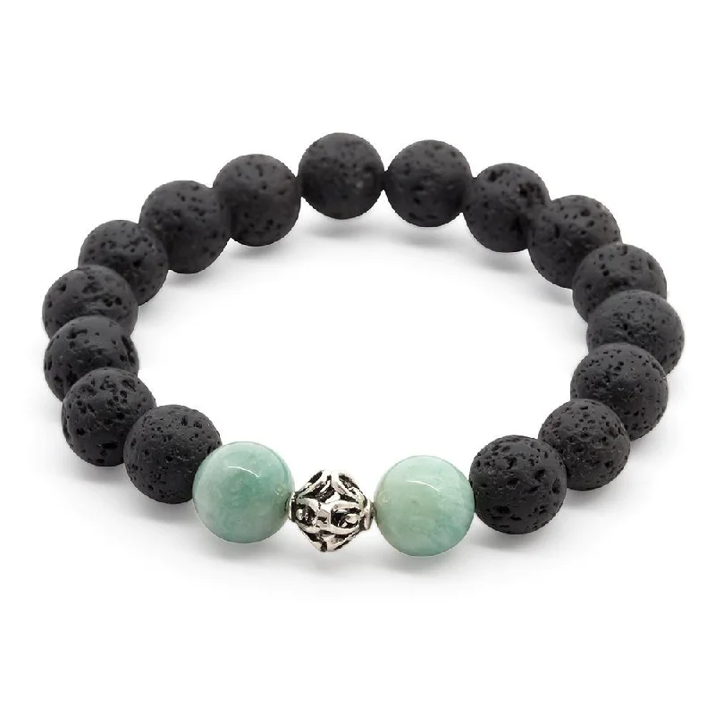 women custom charm bracelets -Lava Rock/Amazonite Stretch Bracelet with 925 Sterling Silver Bead