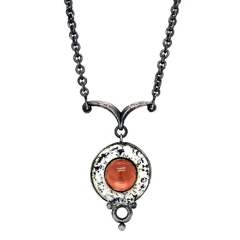 women double chain necklaces -Peach Tourmaline Cabochon & White Enamel Necklace - "Maru"