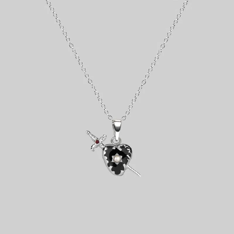 women chunky necklaces -DEVOTION. Black Heart & Sword Silver Necklace