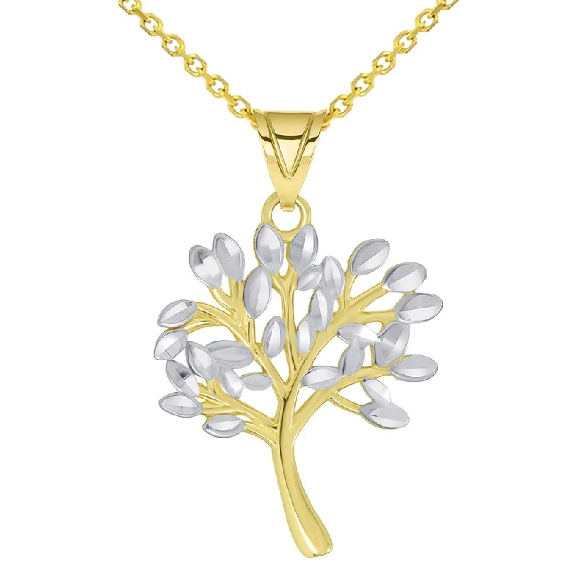 women luxurious gemstone necklaces -14k Solid Yellow Gold Textured Two Tone Tree of Life Pendant Necklace Available with Rolo, Curb, or Figaro Chain