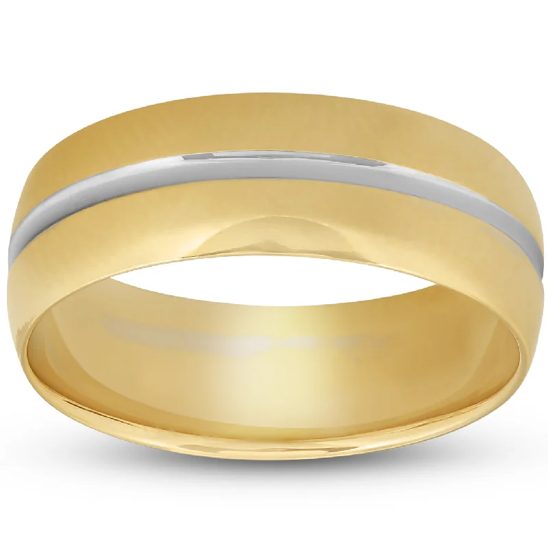 unique engagement ring designs -8MM Mens 14k Yellow Gold Ring Two Tone Brushed Wedding Band