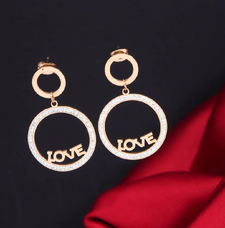 women elegant pearl earrings -Tarohi JewelsStainless Steel Rosegold Plated Hoops with 'LOVE' written Earring-STNER 2704