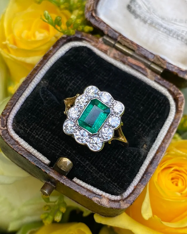 women anniversary rings -Victorian Emerald and Diamond Cluster Ring 18ct Yellow Gold 0.90ct + 1.10ct