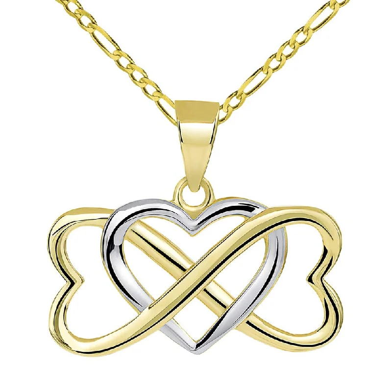 women heart-shaped necklaces -14k Yellow Gold Two Tone Interlocking Triple Heart Infinity Love Symbol Pendant with Figaro Necklace