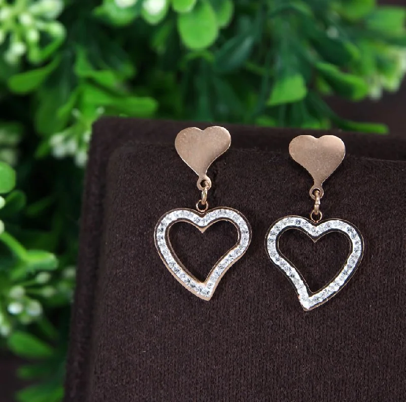 women silver dangle hoop earrings -Tarohi JewelsStainless Steel Rosegold Plated Heart Shaped Earring-STNER 2766