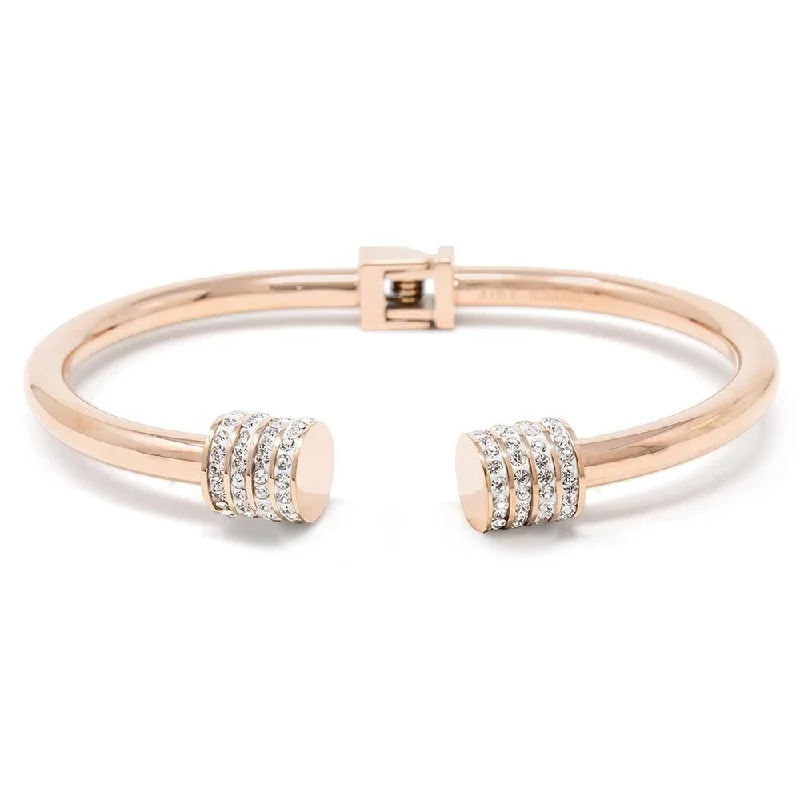 women silver cuff bracelets -Stainless Steel Hinged Bracelet with CZ Pave End Rose Gold Plated